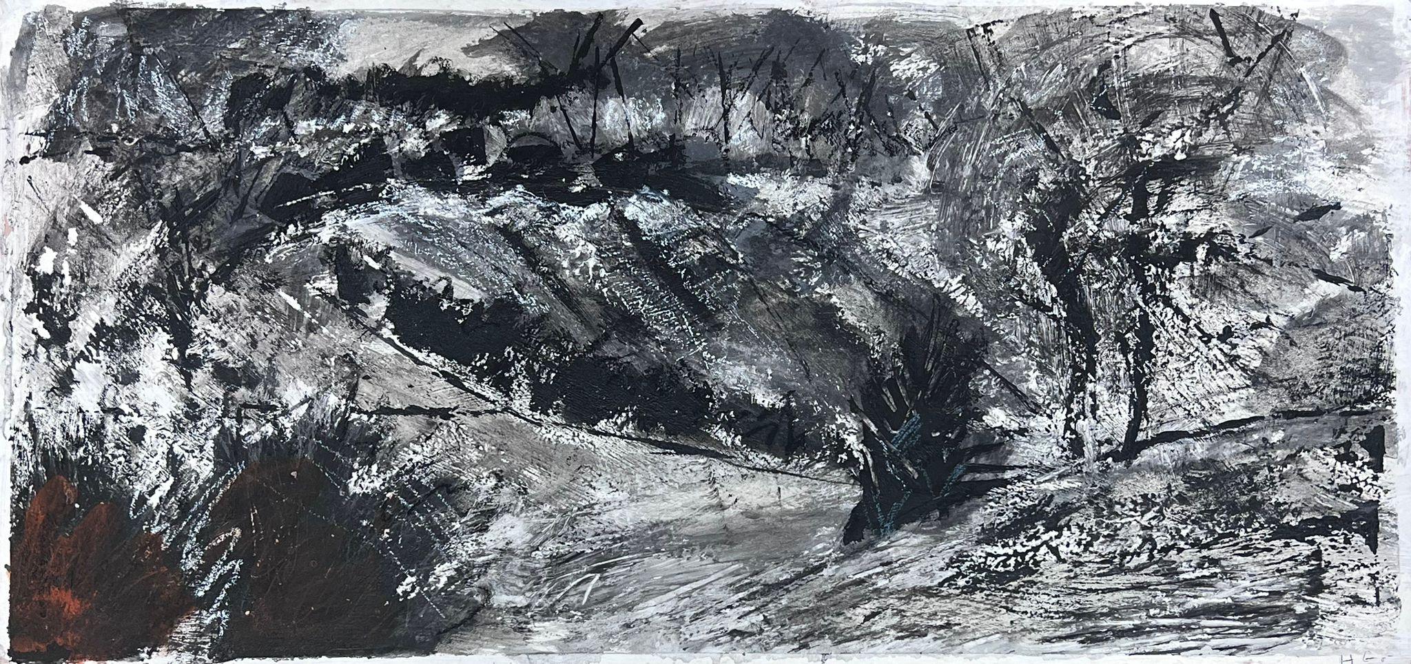 English Impressionist Gouache Painting Black and White Hill Abstract