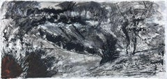 English Impressionist Gouache Painting Black and White Hill Abstract (peinture impressionniste à la gouache en noir et blanc)