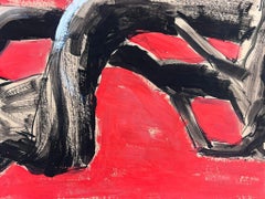 English Impressionist Gouache Painting Red Abstract Black Swirl