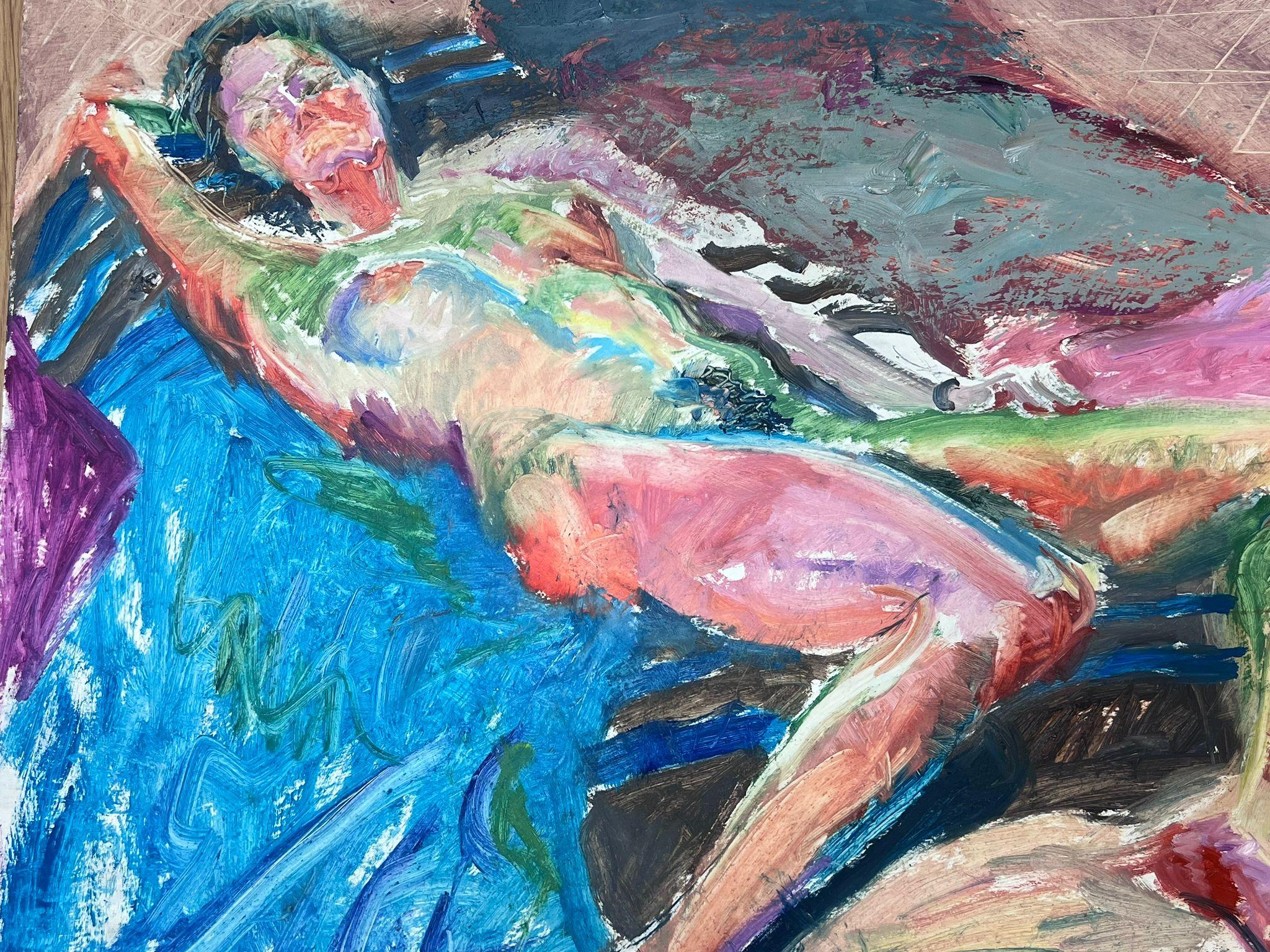English Impressionist Oil Painting Artists Beached Nude Model Posed On Bed - Gray Figurative Painting by Helen Greenfield