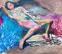English Impressionist Oil Painting Artists Beached Nude Model Posed On Bed