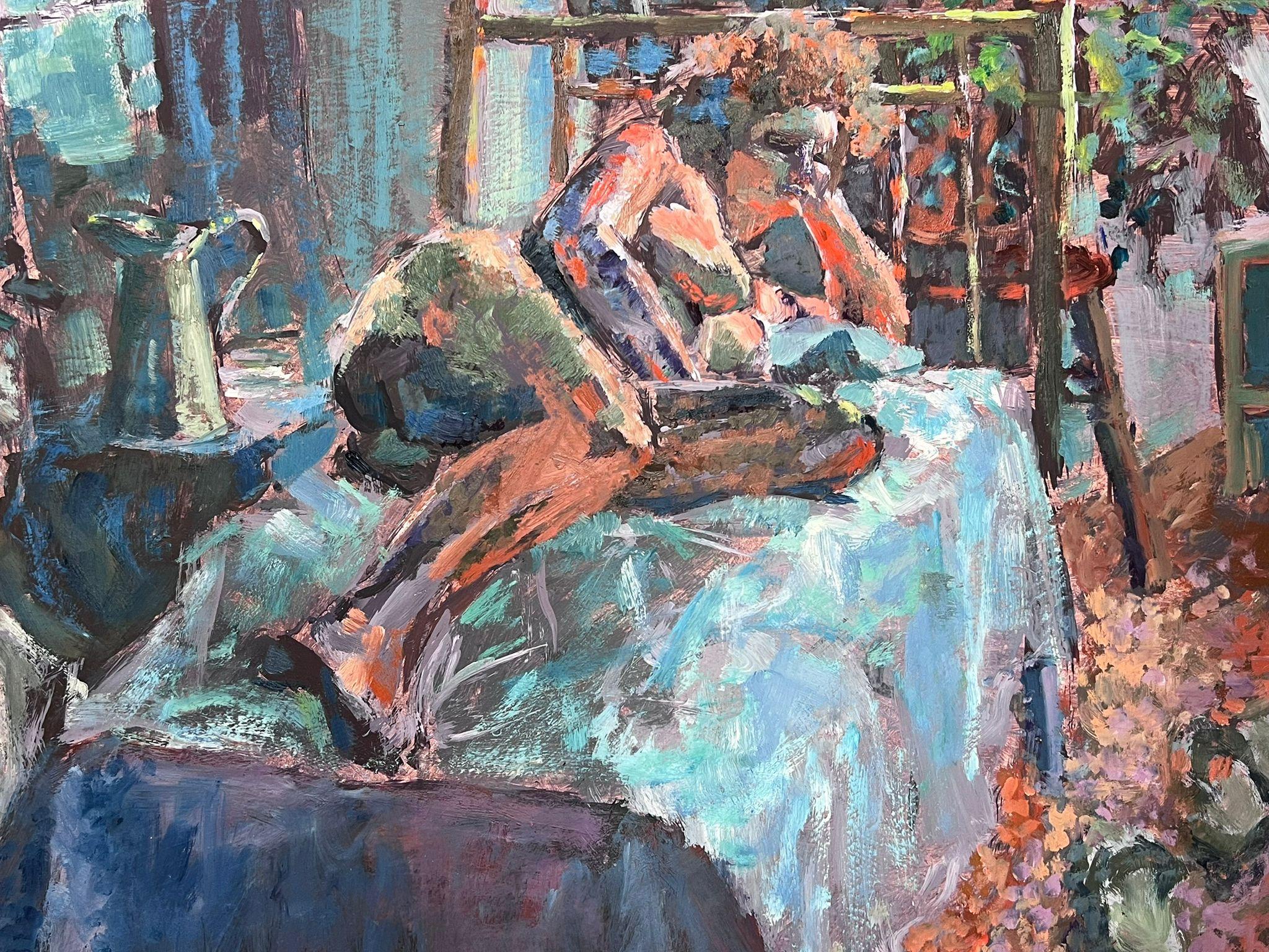 Nude Model
by Helen Greenfield (British 20th century) 
oil painting on board, unframed
board: 15.5 x 24 inches
condition: overall very good
provenance: all the paintings we have by this artist have come from their studio sale in England

Helen was a