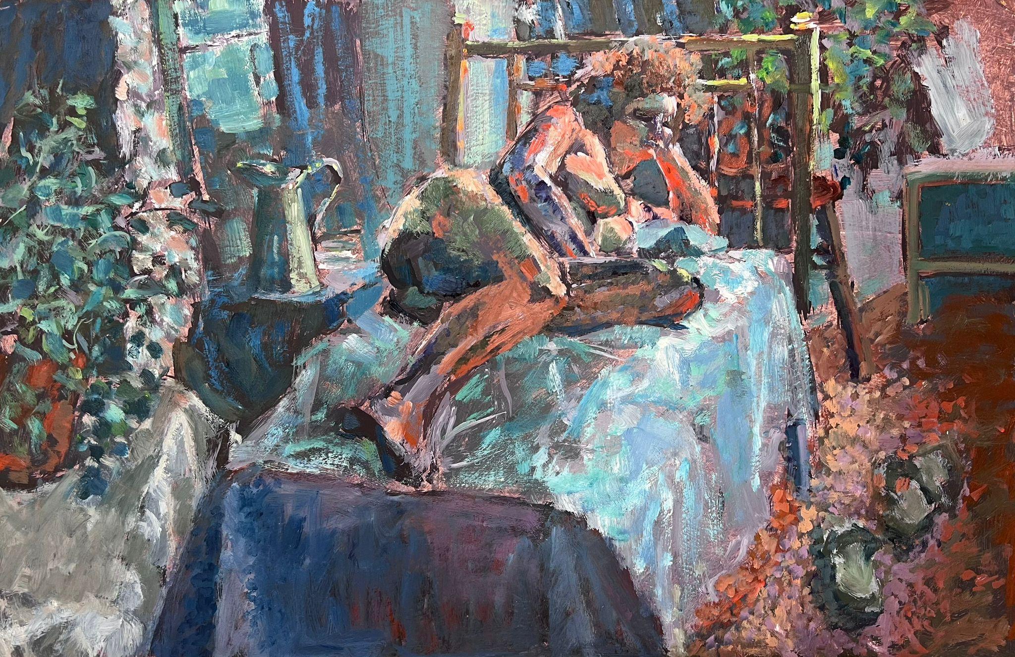 English Impressionist Oil Painting Artists Nude Model Posed on Bed (peinture à l'huile impressionniste anglaise) en vente 1