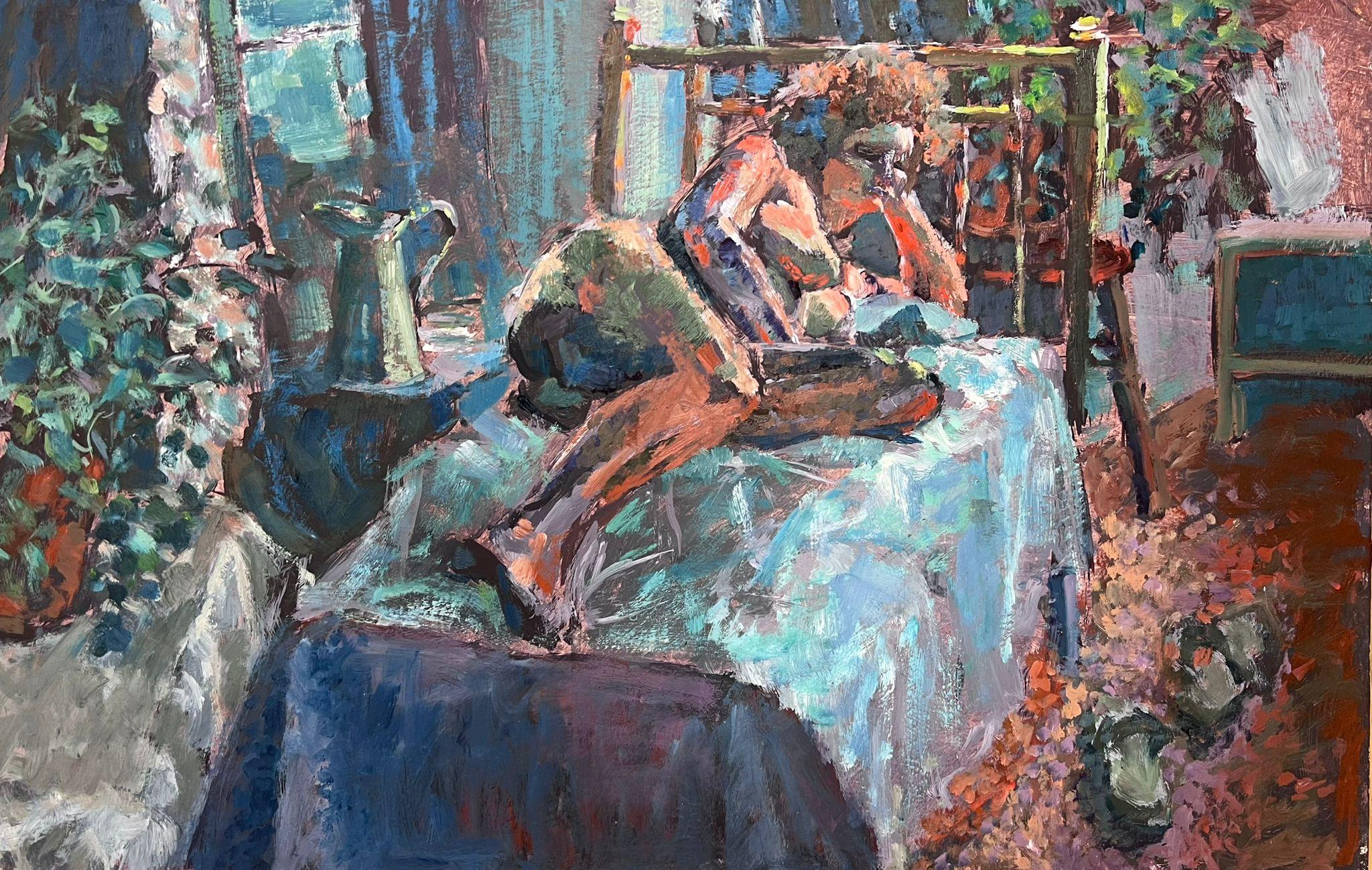 Nude Painting Helen Greenfield - English Impressionist Oil Painting Artists Nude Model Posed on Bed (peinture à l'huile impressionniste anglaise)