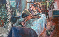 Vintage English Impressionist Oil Painting Artists Nude Model Posed On Bed