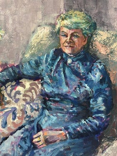 English Impressionist Oil Painting Elderly Lady Posing on Sofa in Blue Dress