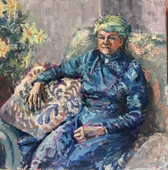 English Impressionist Oil Painting Elderly Lady Posing on Sofa in Blue Dress