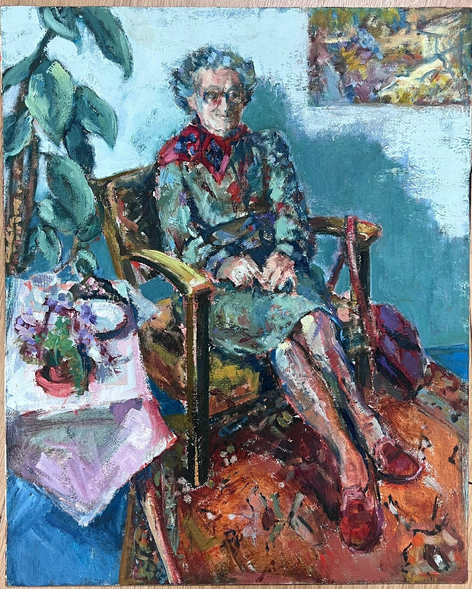 English Impressionist Oil Painting Elderly Lady Sat On Chair In Bright Room - Gray Figurative Painting by Helen Greenfield