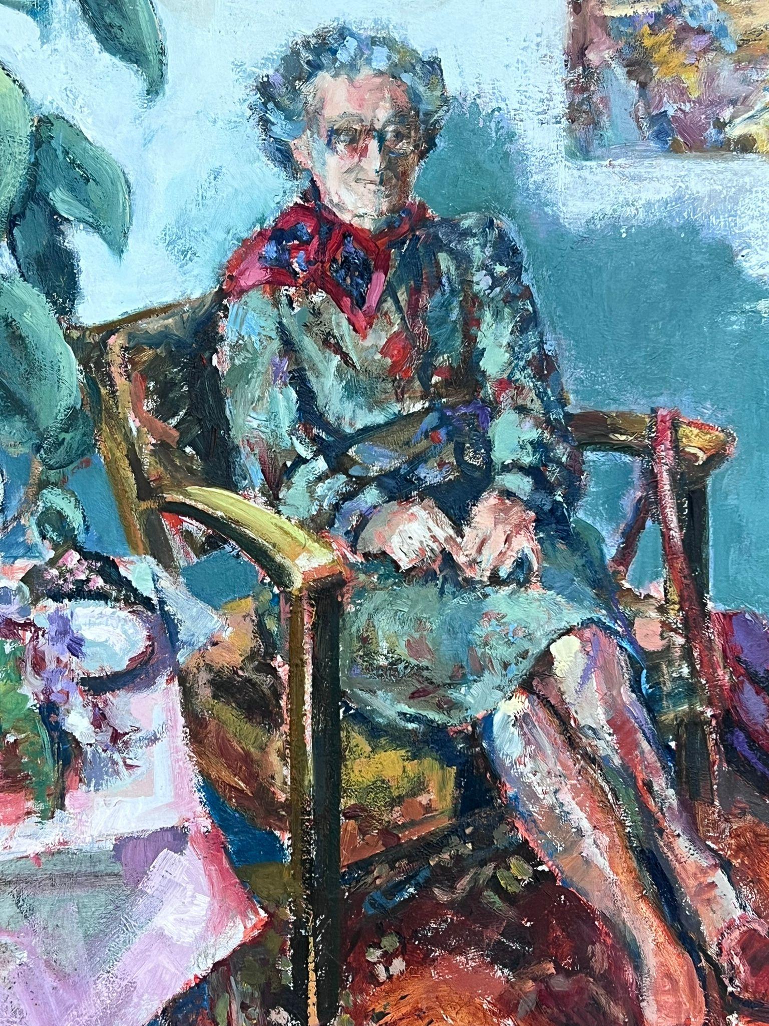 English Impressionist Oil Painting Elderly Lady Sat On Chair In Bright Room 3