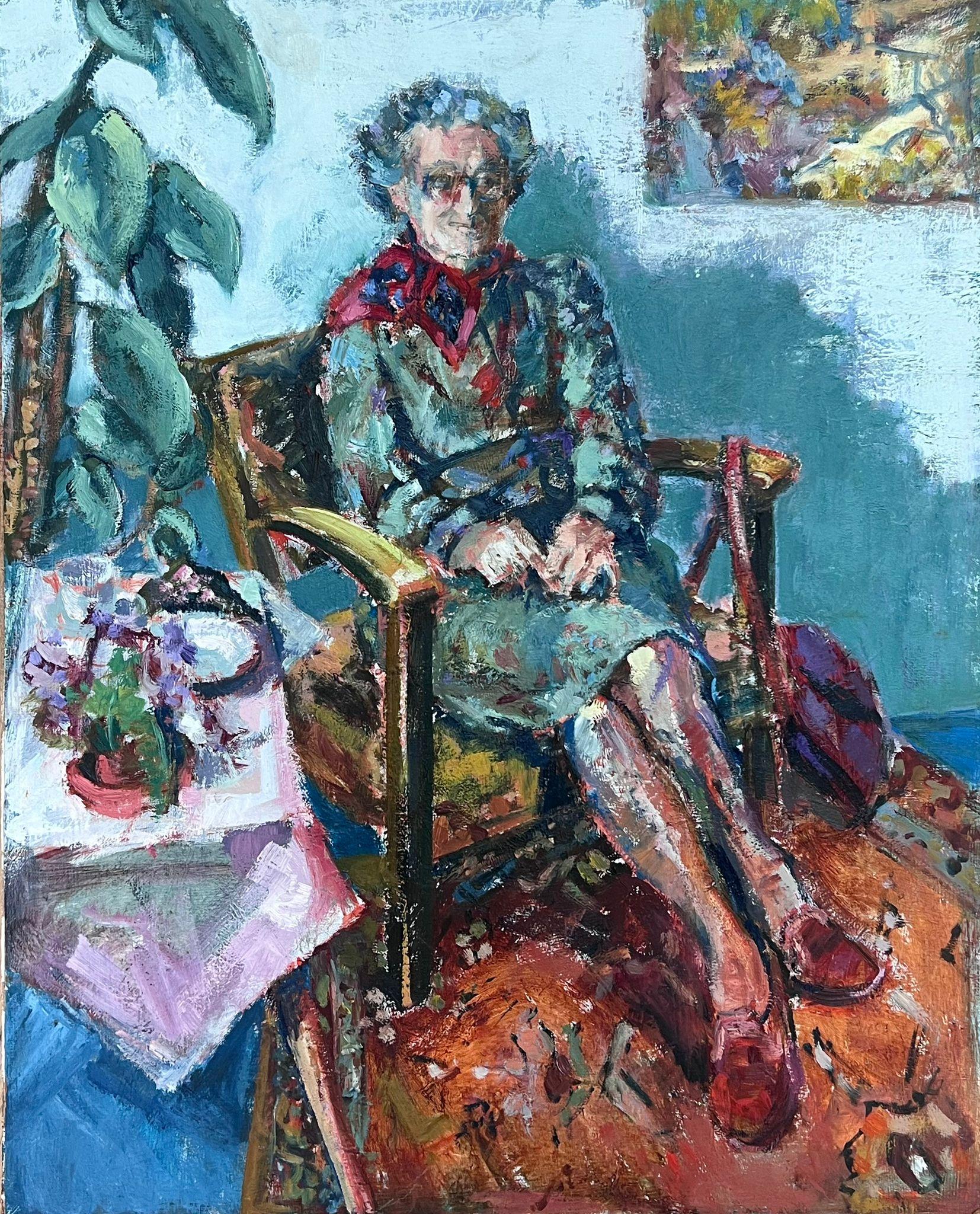 Helen Greenfield Figurative Painting - English Impressionist Oil Painting Elderly Lady Sat On Chair In Bright Room