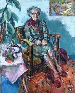 English Impressionist Oil Painting Elderly Lady Sat On Chair In Bright Room
