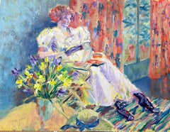 English Impressionist Oil Painting Lady In White Dress Reading In Bright Room