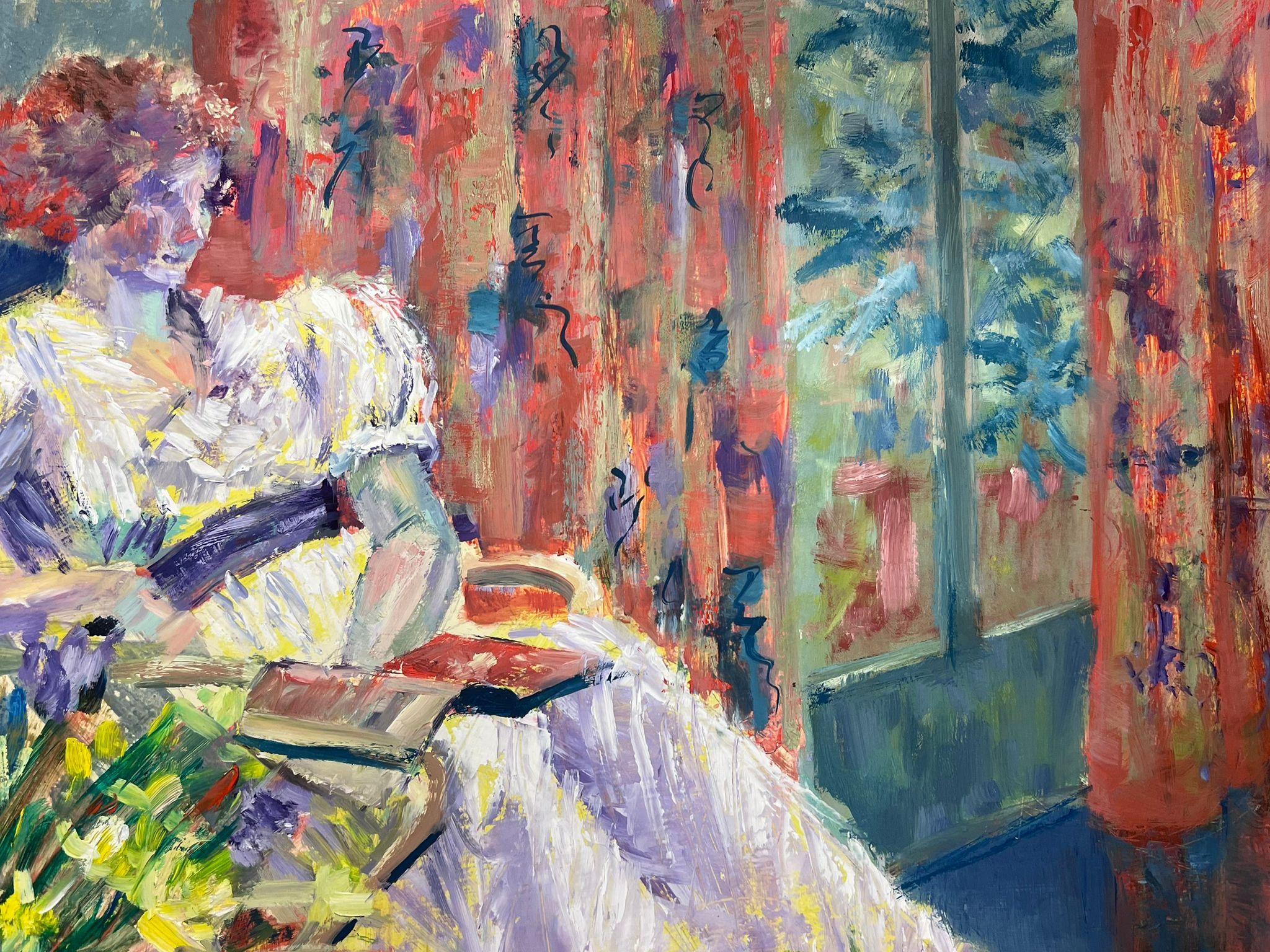 English Impressionist Oil Painting Lady In White Dress Reading In Bright Room For Sale 2