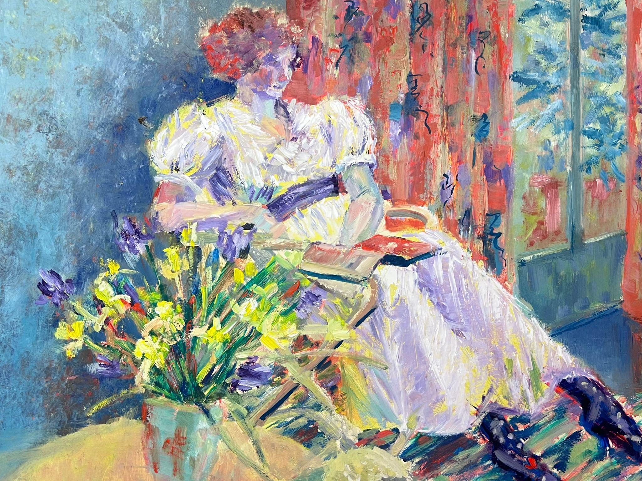 English Impressionist Oil Painting Lady In White Dress Reading In Bright Room For Sale 4