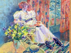 English Impressionist Oil Painting Lady In White Dress Reading In Bright Room (peinture à l'huile impressionniste)
