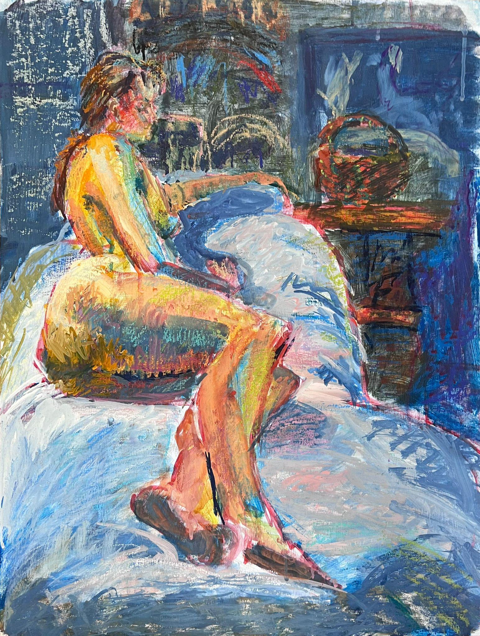 Helen Greenfield Figurative Painting - English Impressionist Oil Painting Nude Female Model Laying Down