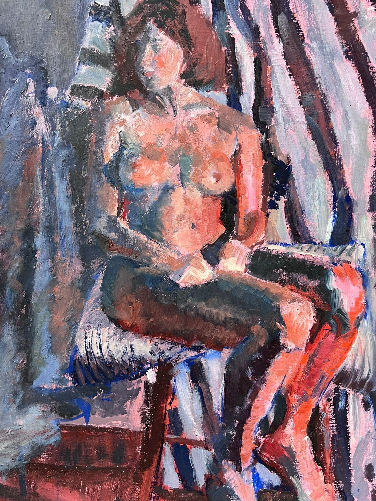  English Impressionist Oil Painting Pink Artists Nude Model Posed On Bed - Gray Figurative Painting by Helen Greenfield