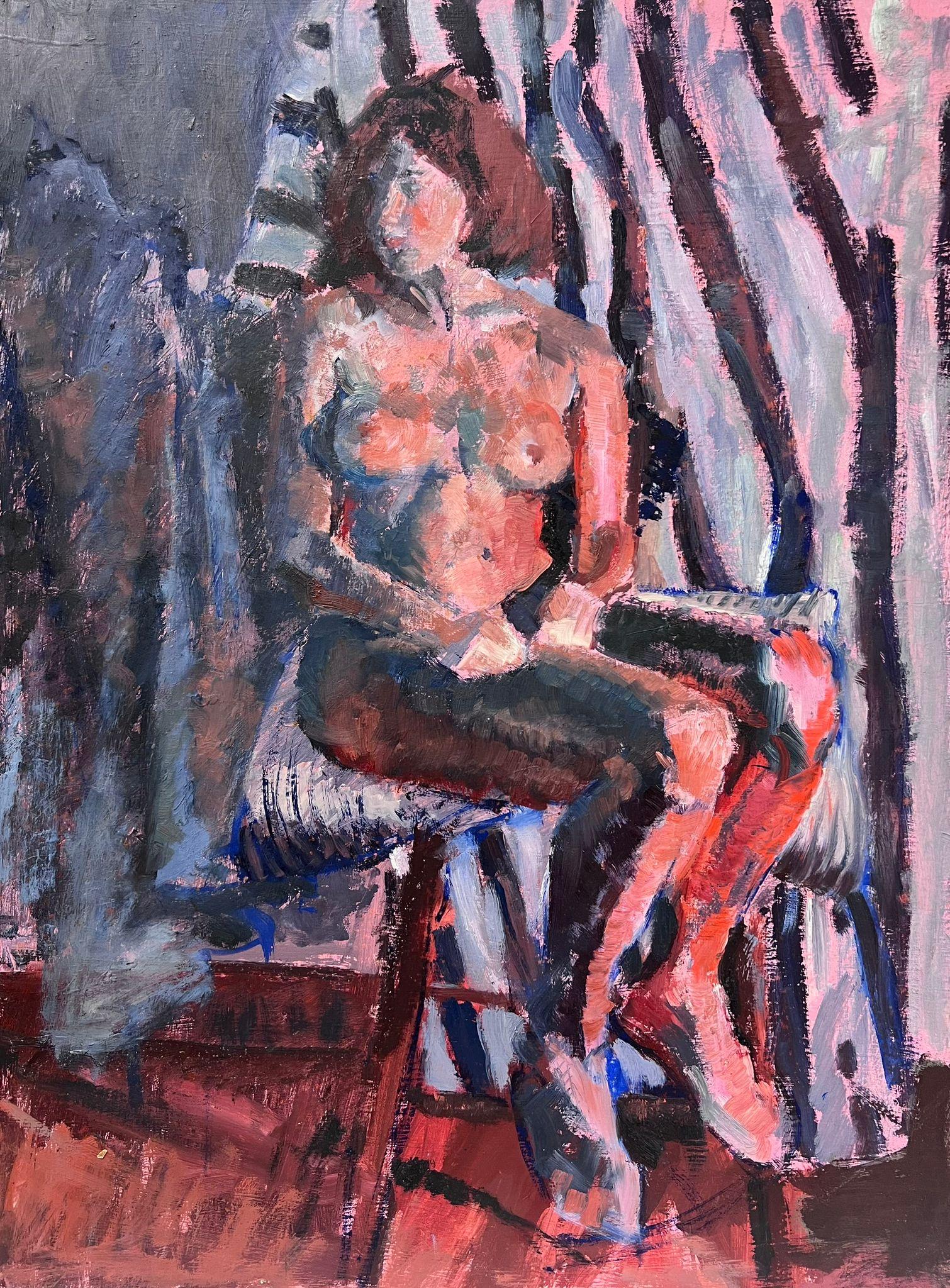 Helen Greenfield Figurative Painting -  English Impressionist Oil Painting Pink Artists Nude Model Posed On Bed