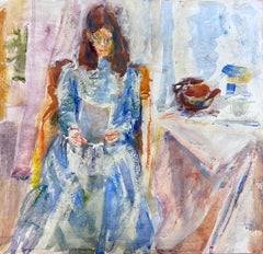 English Impressionist Painting Elegant Lady In Blue Dress Reading A Letter