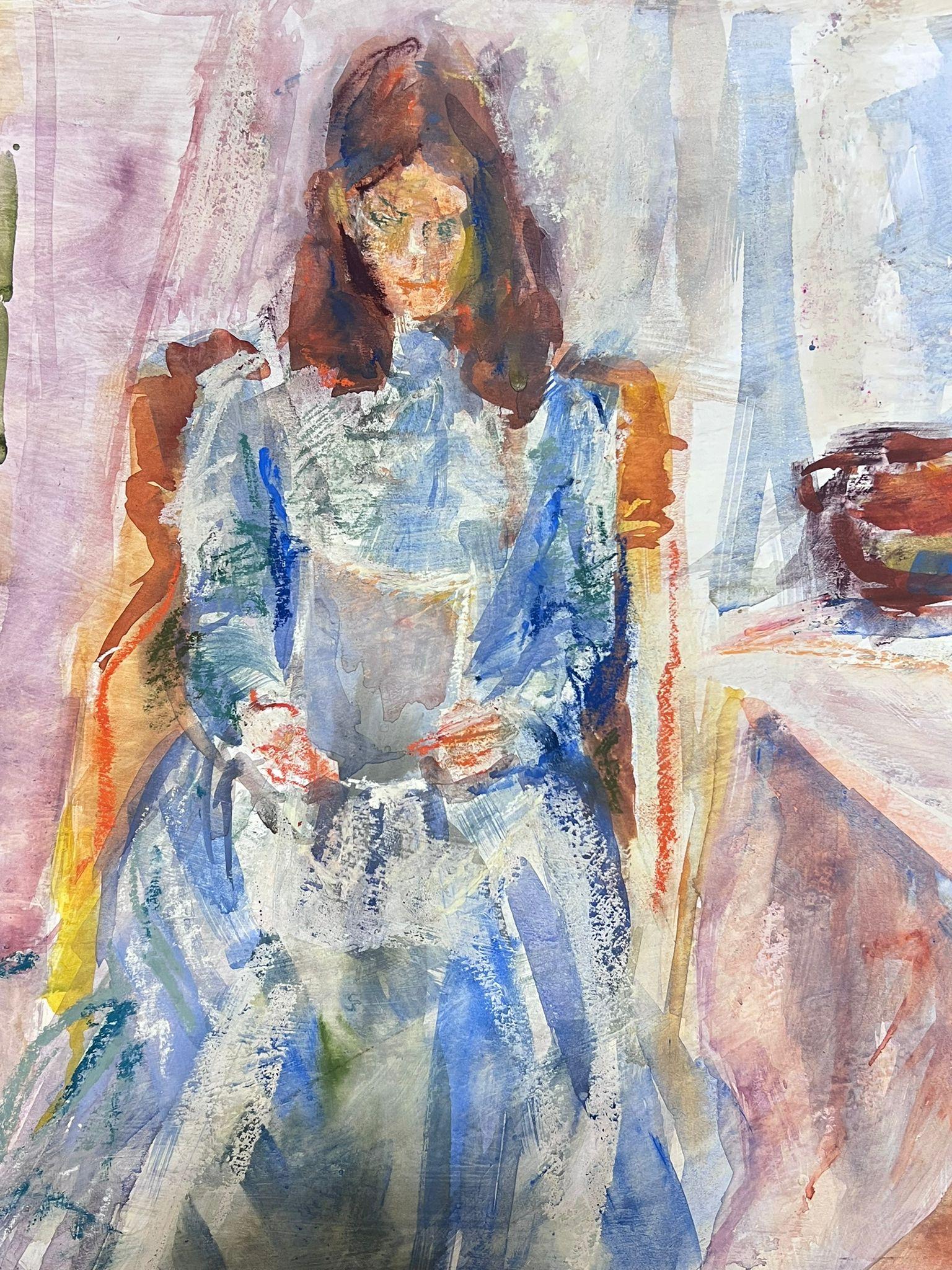 English Impressionist Painting Elegant Lady In Blue Dress Reading A Letter For Sale 3