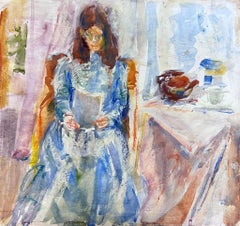 Vintage English Impressionist Painting Elegant Lady In Blue Dress Reading A Letter