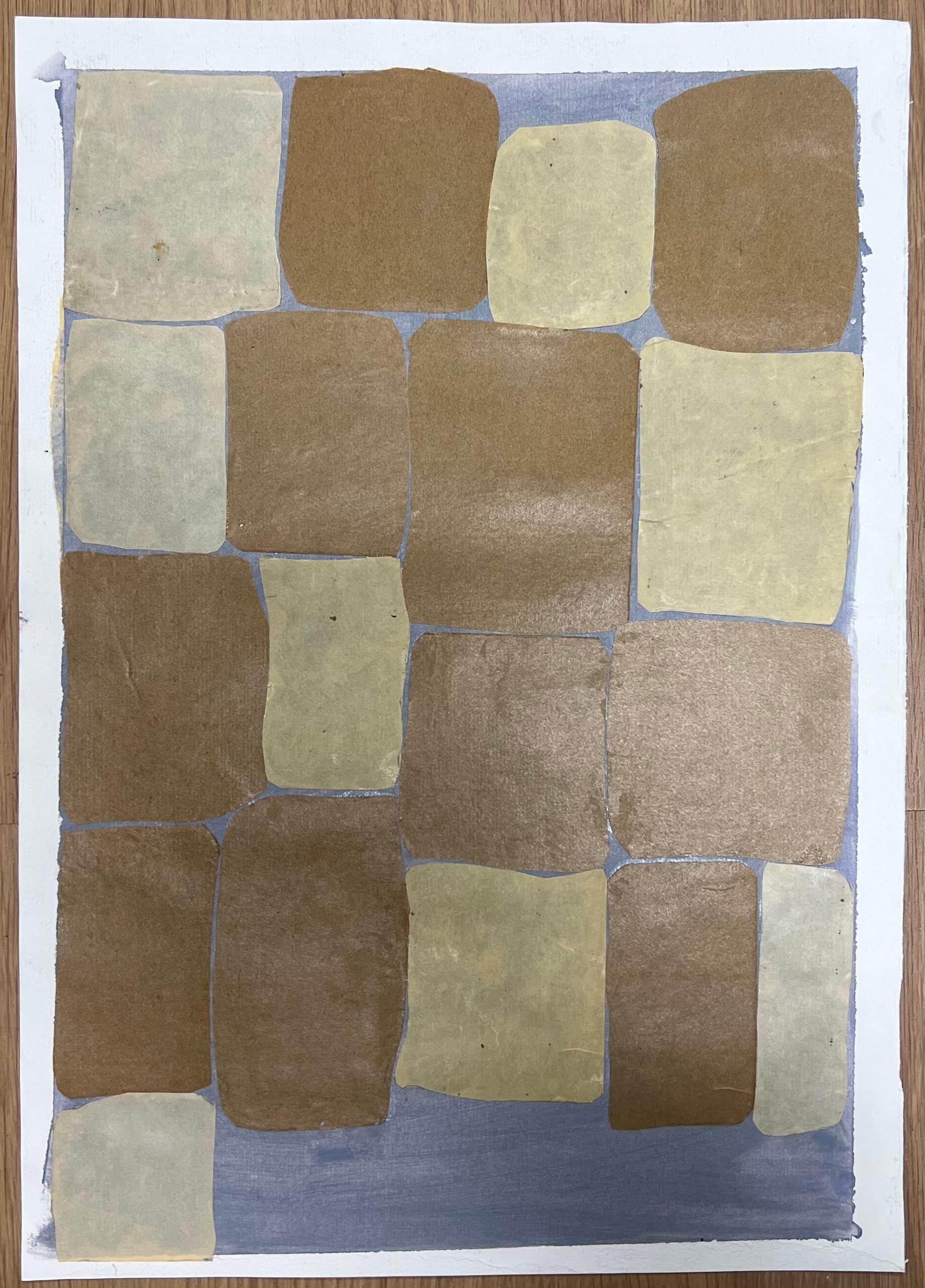Minimalist Composition of Softened Geometric Shapes in Muted Tones of Beige - Painting by Helen Greenfield