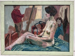 Modern British Oil Painting Nude Model Art Class Studio Atelier Interior Scene