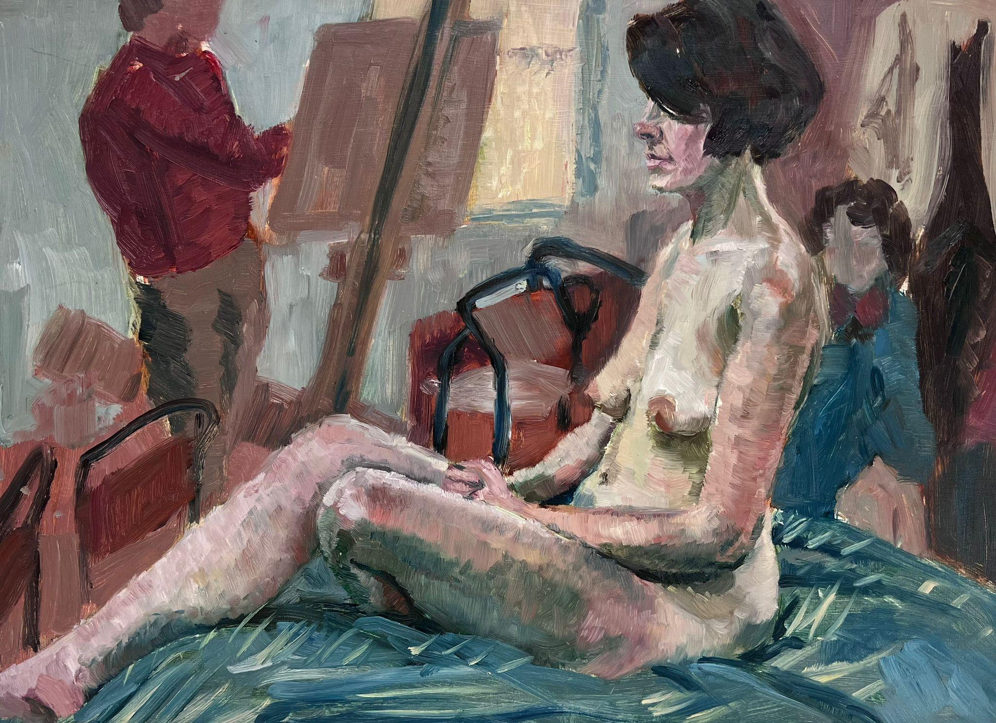 Helen Greenfield Nude Painting - Modern British Oil Painting Nude Model Art Class Studio Atelier Interior Scene