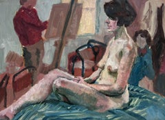 Vintage Modern British Oil Painting Nude Model Art Class Studio Atelier Interior Scene