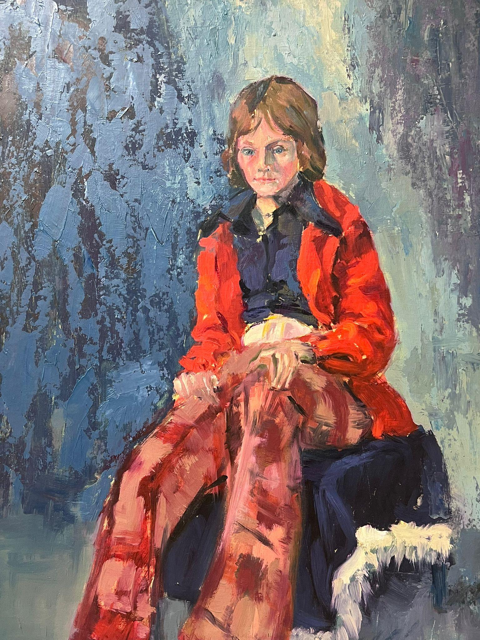 Modern British Portrait of Lady in Red Coat Tartan Trousers 20. Jahrhundert Öl – Painting von Helen Greenfield