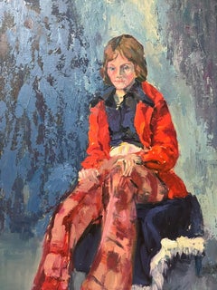 Modern British Portrait of Lady in Red Coat Tartan Trousers 20th century Oil