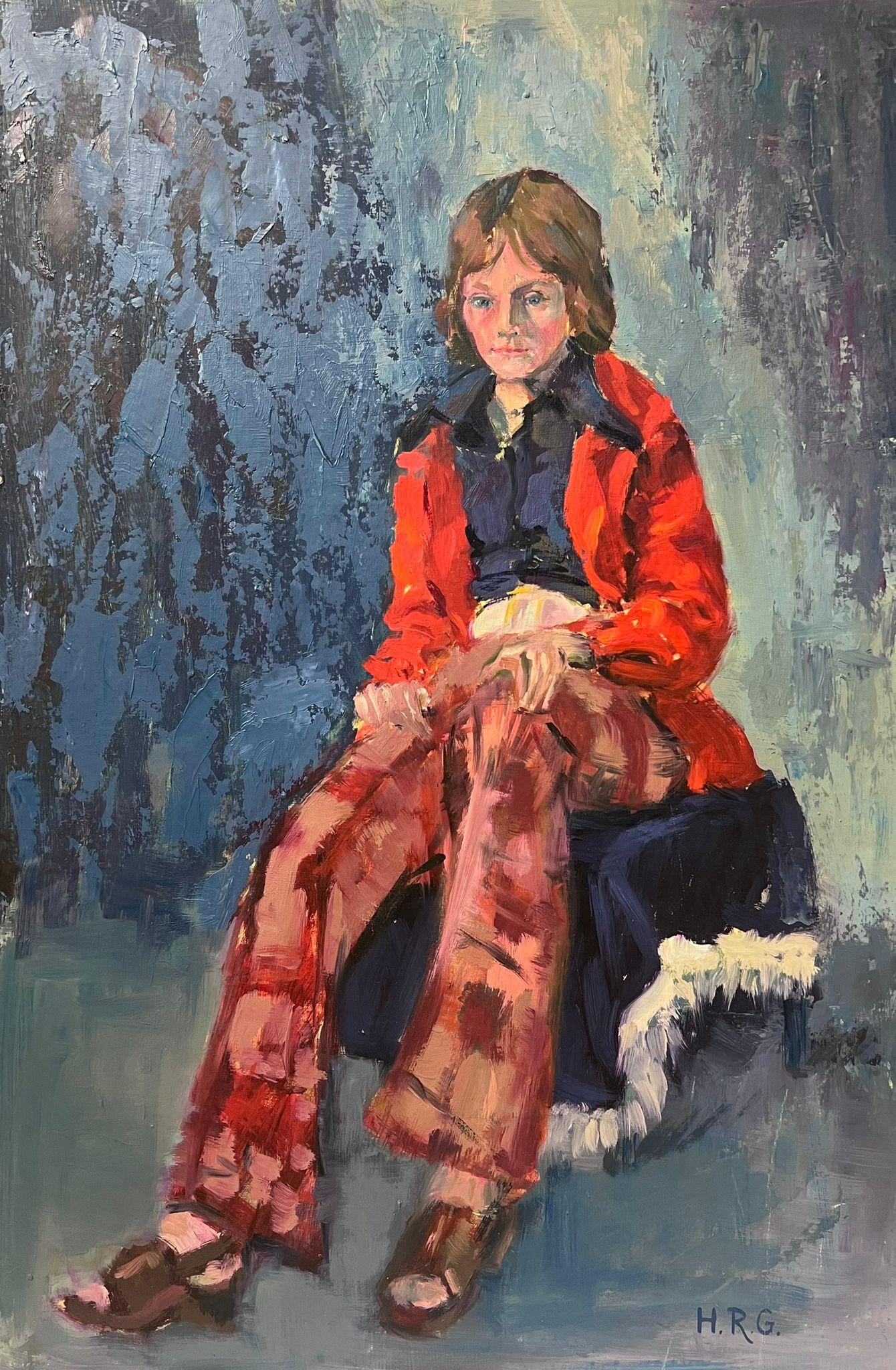 Modern British Portrait of Lady in Red Coat Tartan Trousers 20th century Oil  - Impressionist Painting by Helen Greenfield