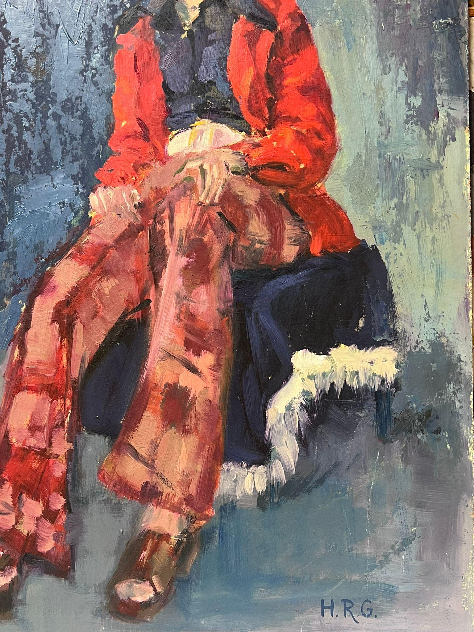 Modern British Portrait of Lady in Red Coat Tartan Trousers 20th century Oil  For Sale 3