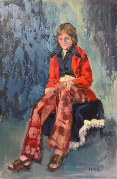 Modern British Portrait of Lady in Red Coat Tartan Trousers 20th century Oil 