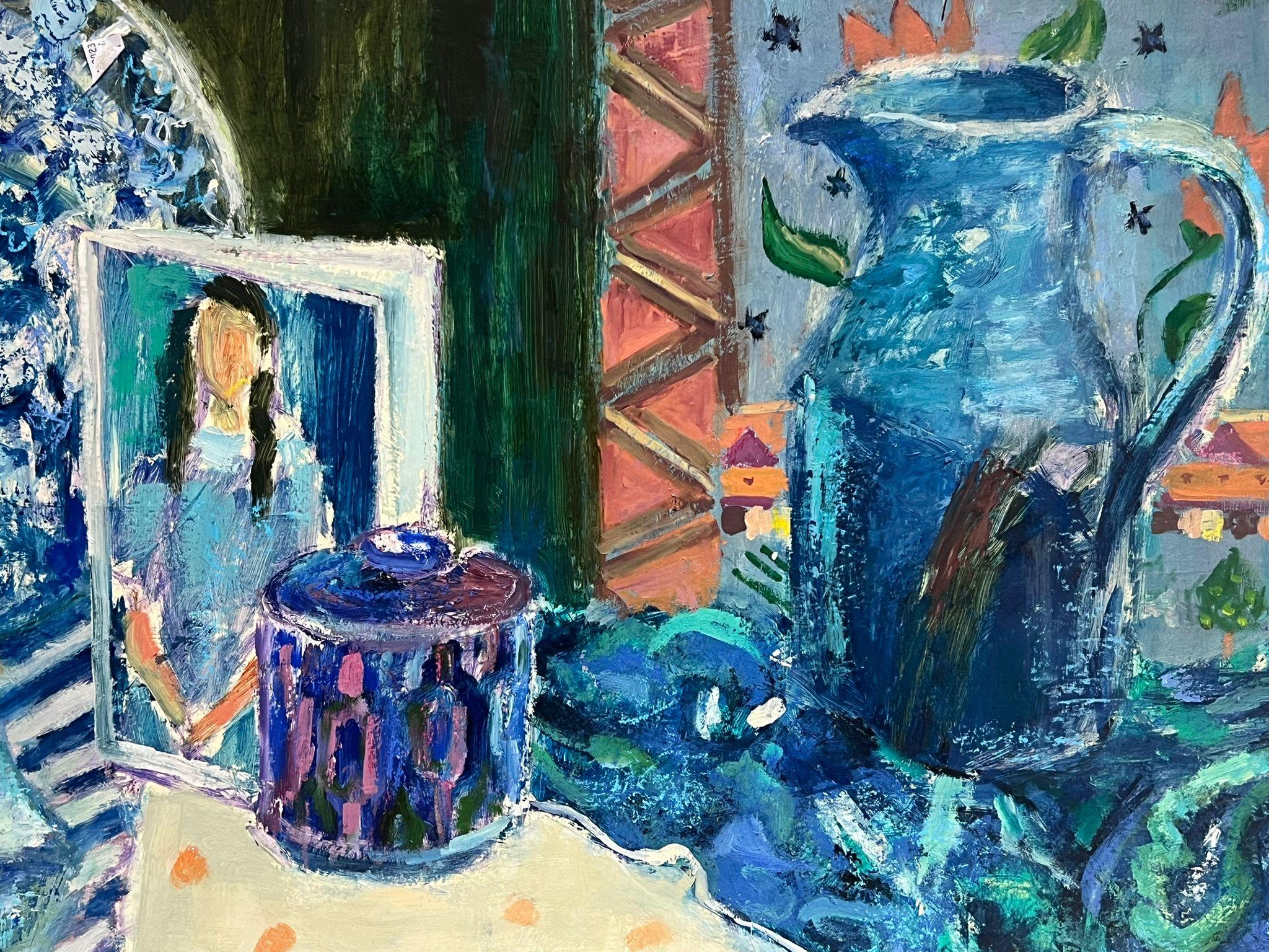 Pintura al óleo impresionista moderna Escena de mesa interior azul Jarras y libros azules 5