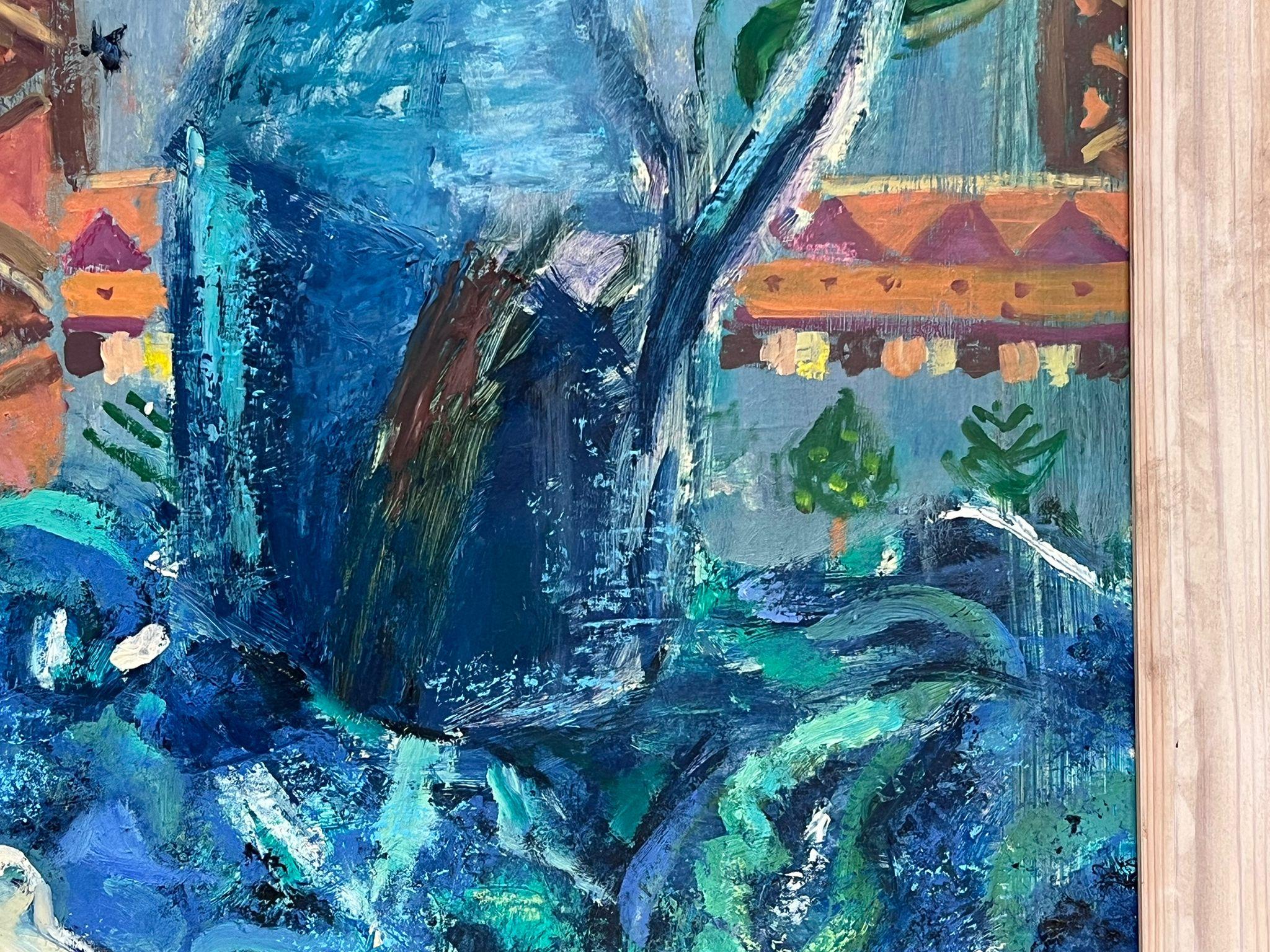 Pintura al óleo impresionista moderna Escena de mesa interior azul Jarras y libros azules - Interior Painting Azul de Helen Greenfield
