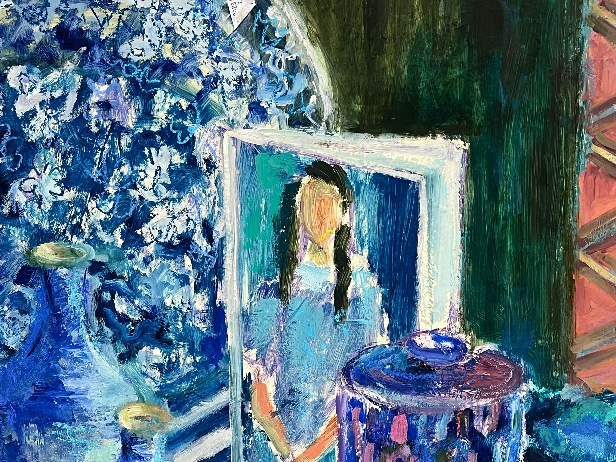 Pintura al óleo impresionista moderna Escena de mesa interior azul Jarras y libros azules 1