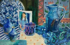 Modern Impressionist Oil Painting Blue Interior Table Scene Blue Jugs and Books