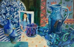 Peinture à l'huile impressionniste moderne bleue, scène de table intérieure, cruches et livres bleues
