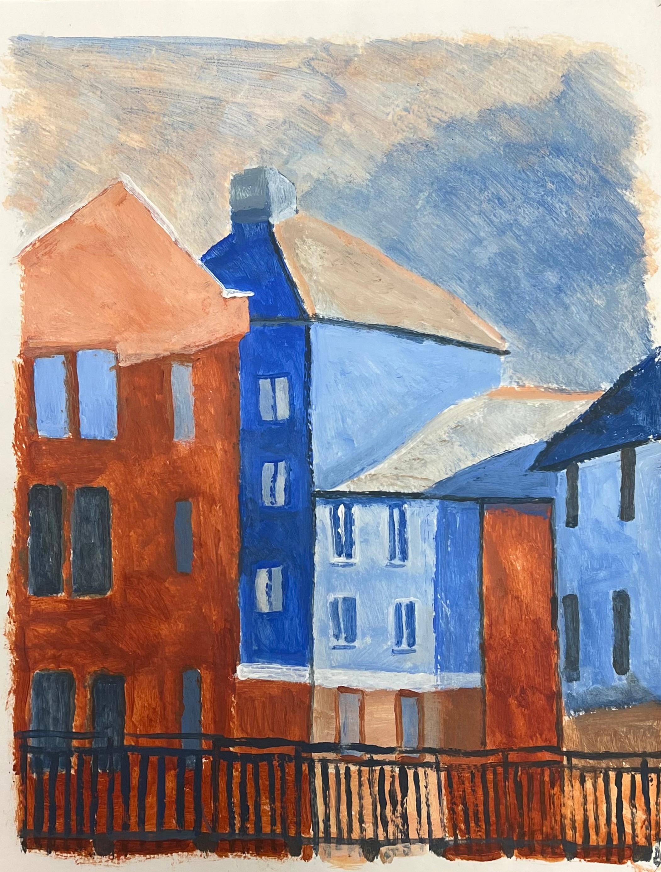 Paisaje urbano modernista en atrevido azul y rojo Arquitectura urbana geométrica - Painting de Helen Greenfield