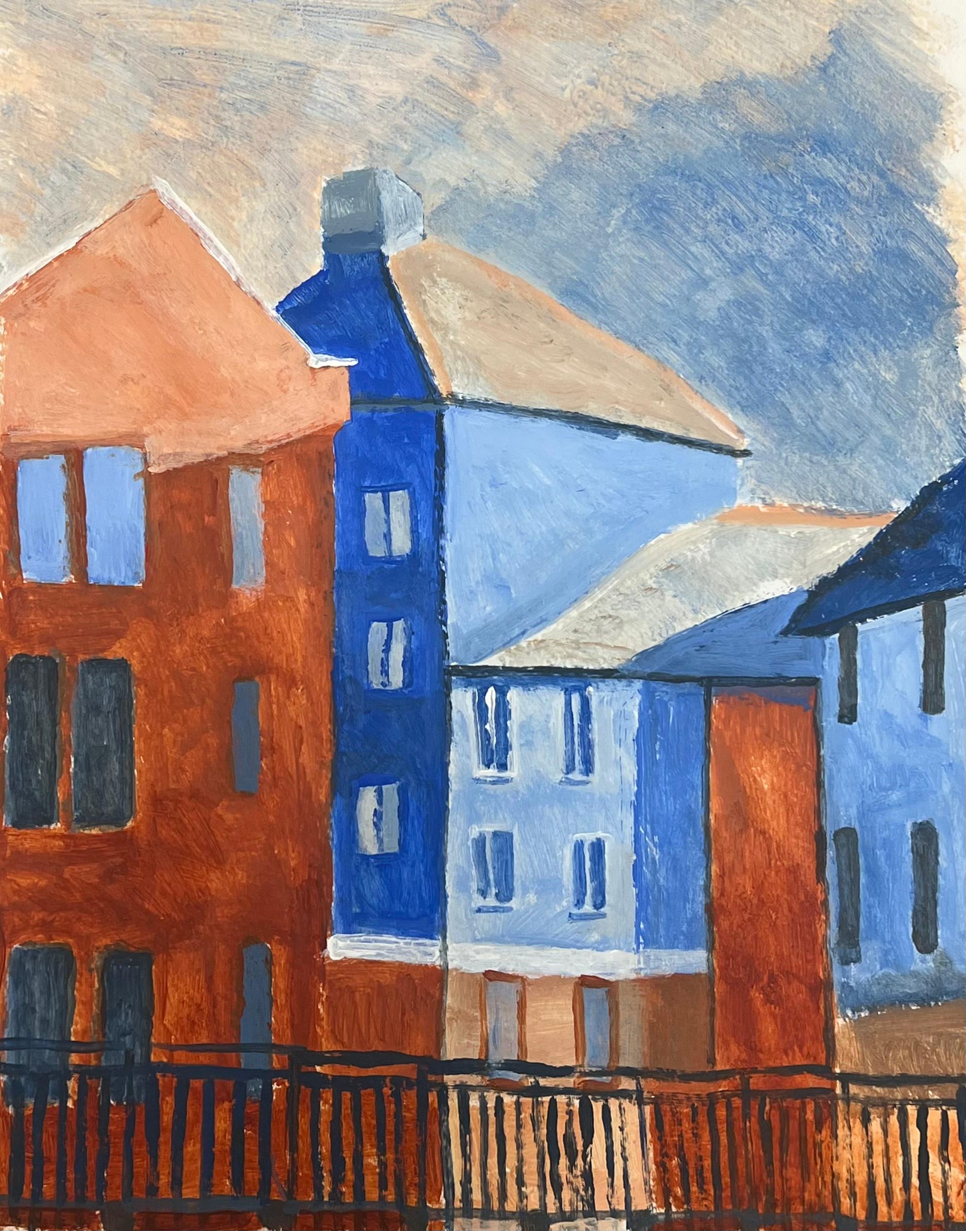 Paisaje urbano modernista en atrevido azul y rojo Arquitectura urbana geométrica - Painting Impresionista de Helen Greenfield