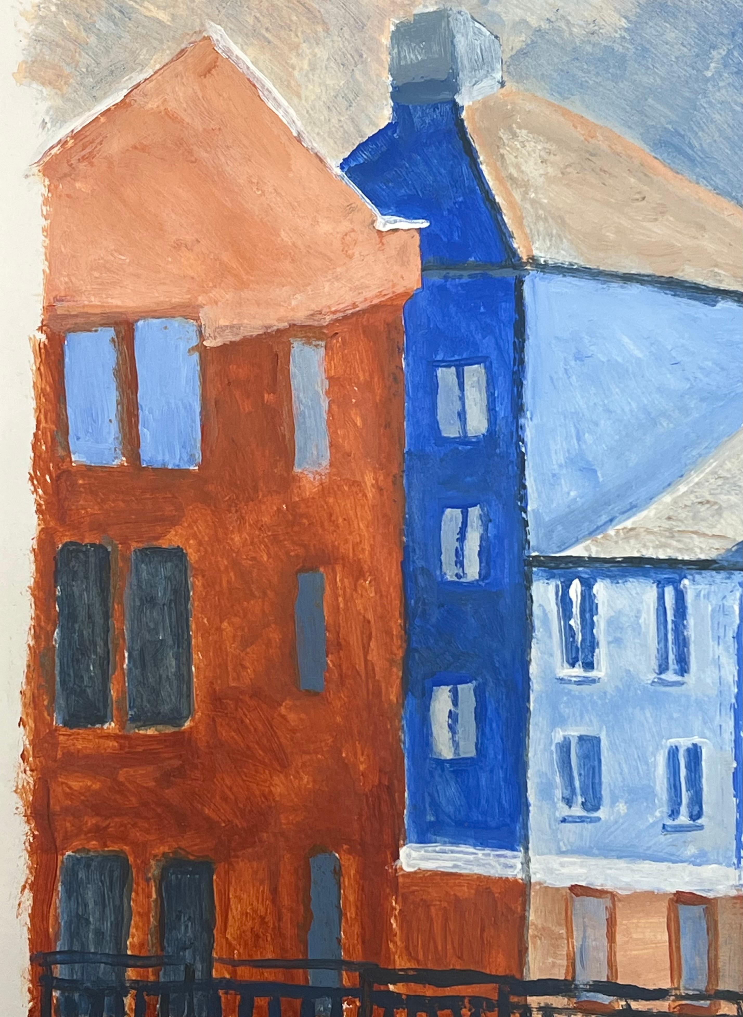 Paisaje urbano modernista
de Helen Greenfield (británica, siglo XX) 
pintura al gouache sobre papel de artista, sin enmarcar
papel de artista: 19,5 x 14,5 pulgadas
estado: en general muy bueno
procedencia: todos los cuadros que tenemos de este