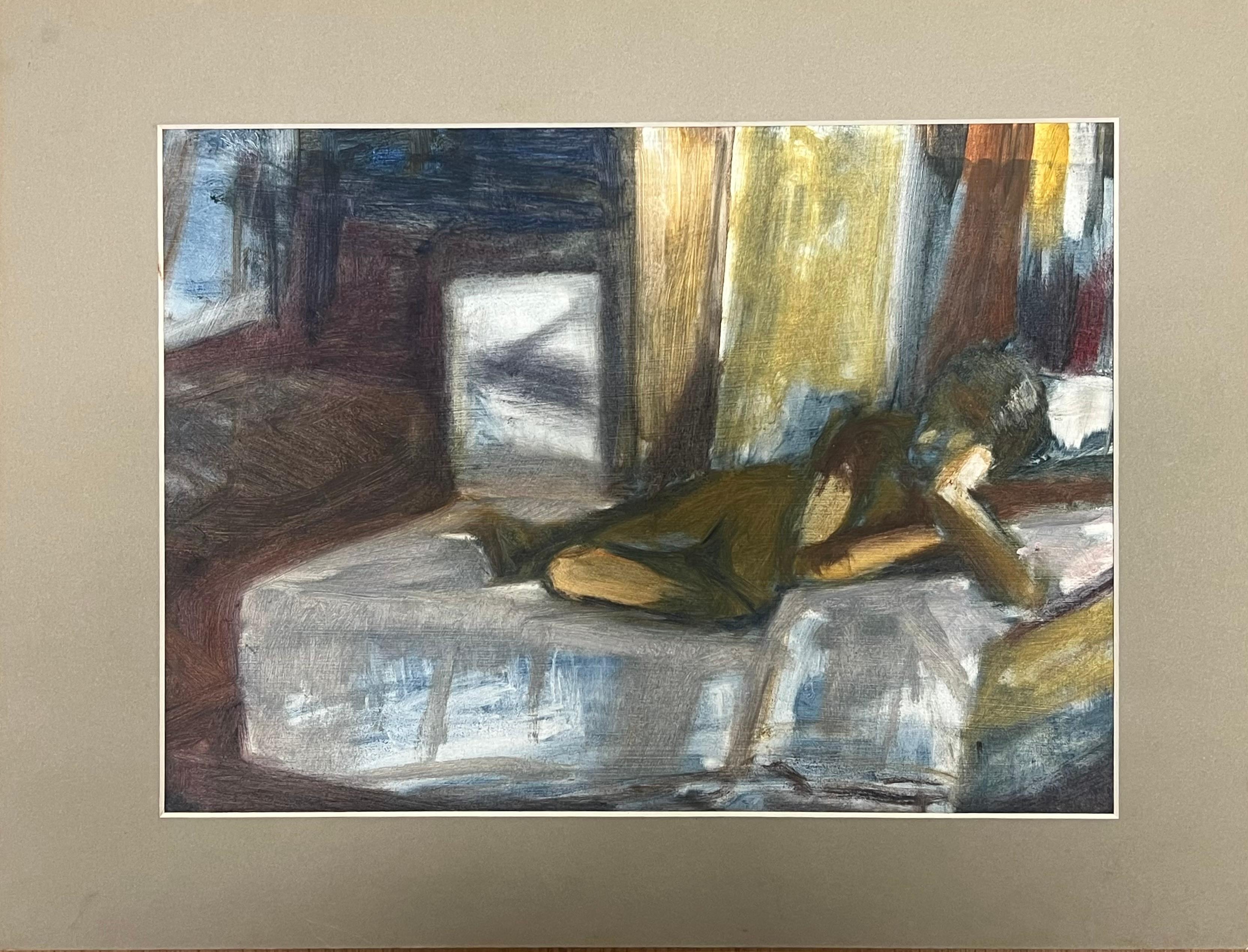 Figure nue dans un intérieur faiblement éclairé se reposant sur un lit avec filtre de lumière solaire - Painting de Helen Greenfield