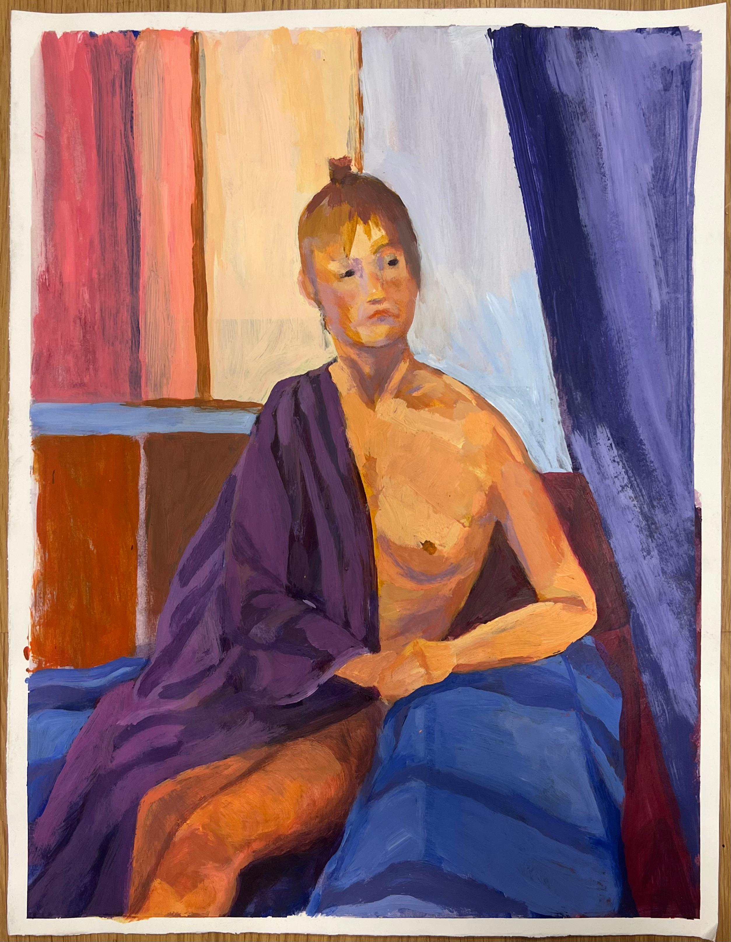 Nude Lady In Purple A Study of Light and Form French Oil Painting - Black Figurative Painting by Helen Greenfield
