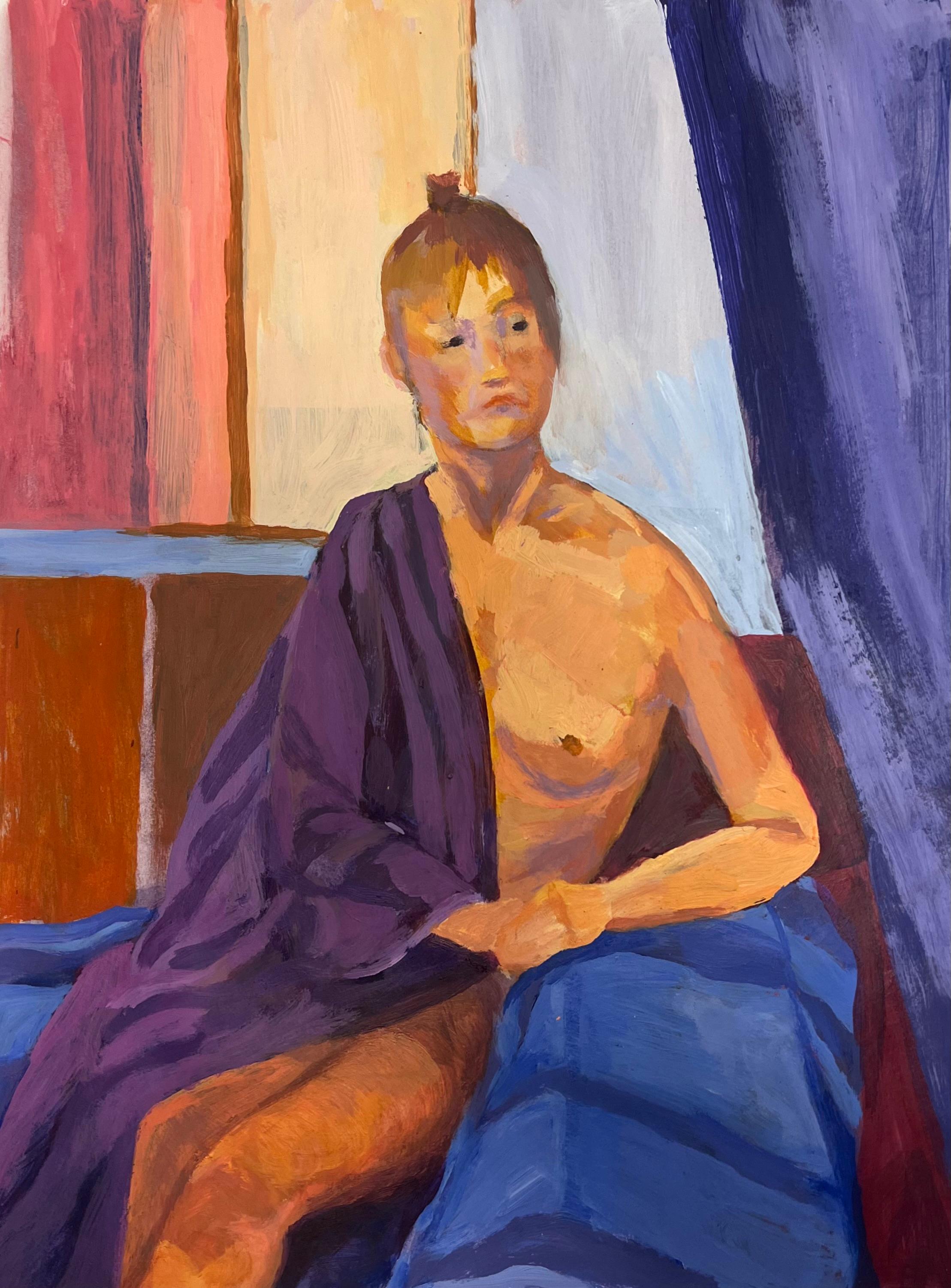 Helen Greenfield Figurative Painting - Nude Lady In Purple A Study of Light and Form French Oil Painting