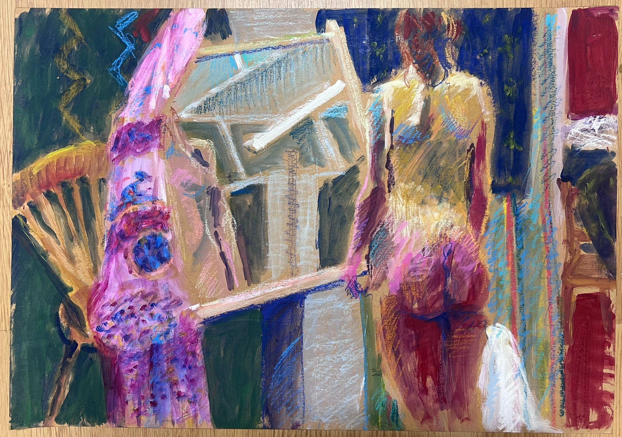 Donna nuda in piedi in una stanza Mobili Modern British Pittura leggermente astratta - Painting di Helen Greenfield
