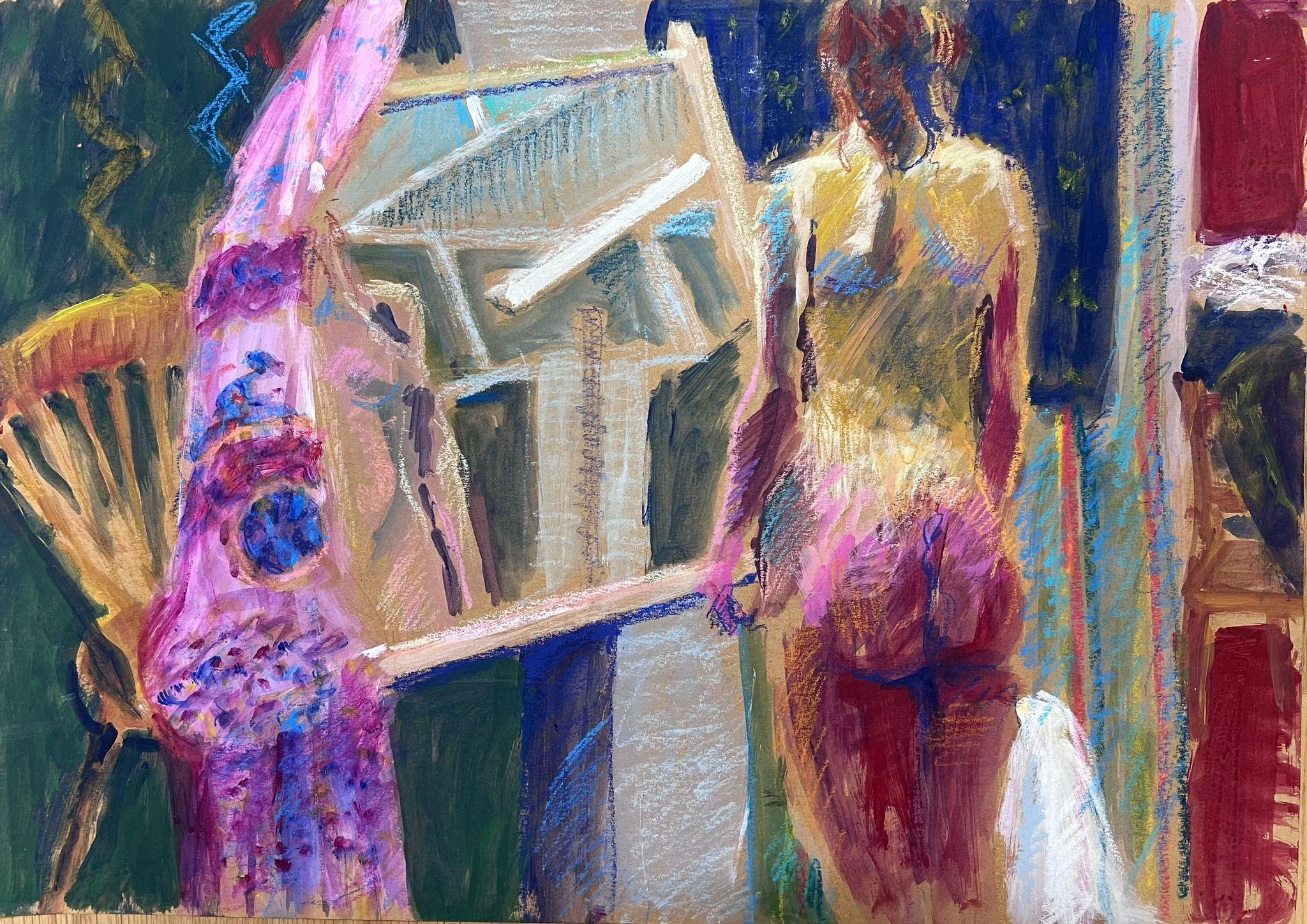 Dama desnuda de pie en un mueble de habitación Modern British Pintura ligeramente abstracta