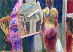 Nude Lady Standing in Room Furniture Modern British Slightly Abstract Painting (Femme nue debout dans une pièce)