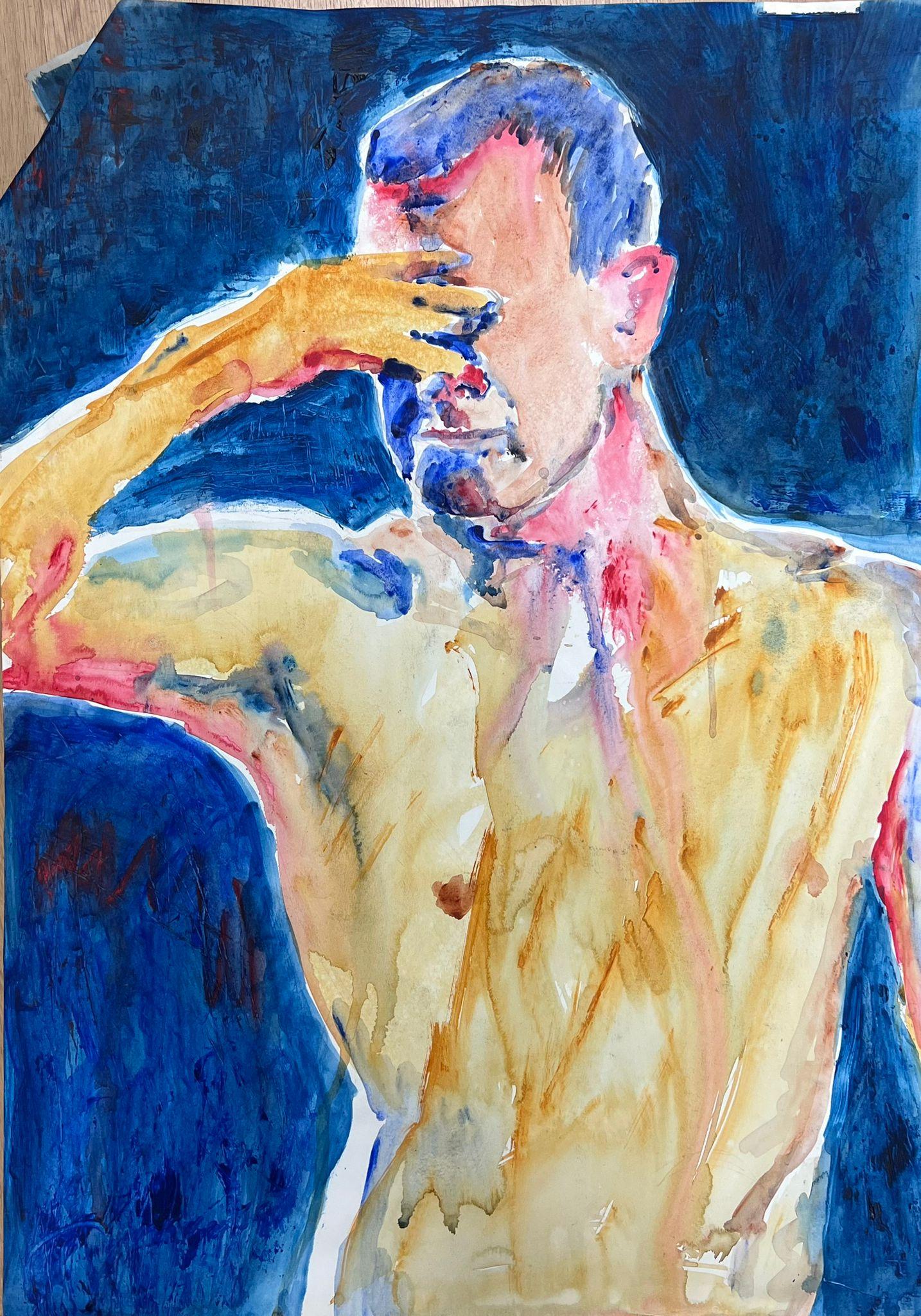 The Male Nude (half length)
by Helen Greenfield (British 20th century) 
oil painting on artist paper, unframed
board: 33 x 23 inches
condition: overall very good - some creasing to the top left corner
provenance: all the paintings we have by this