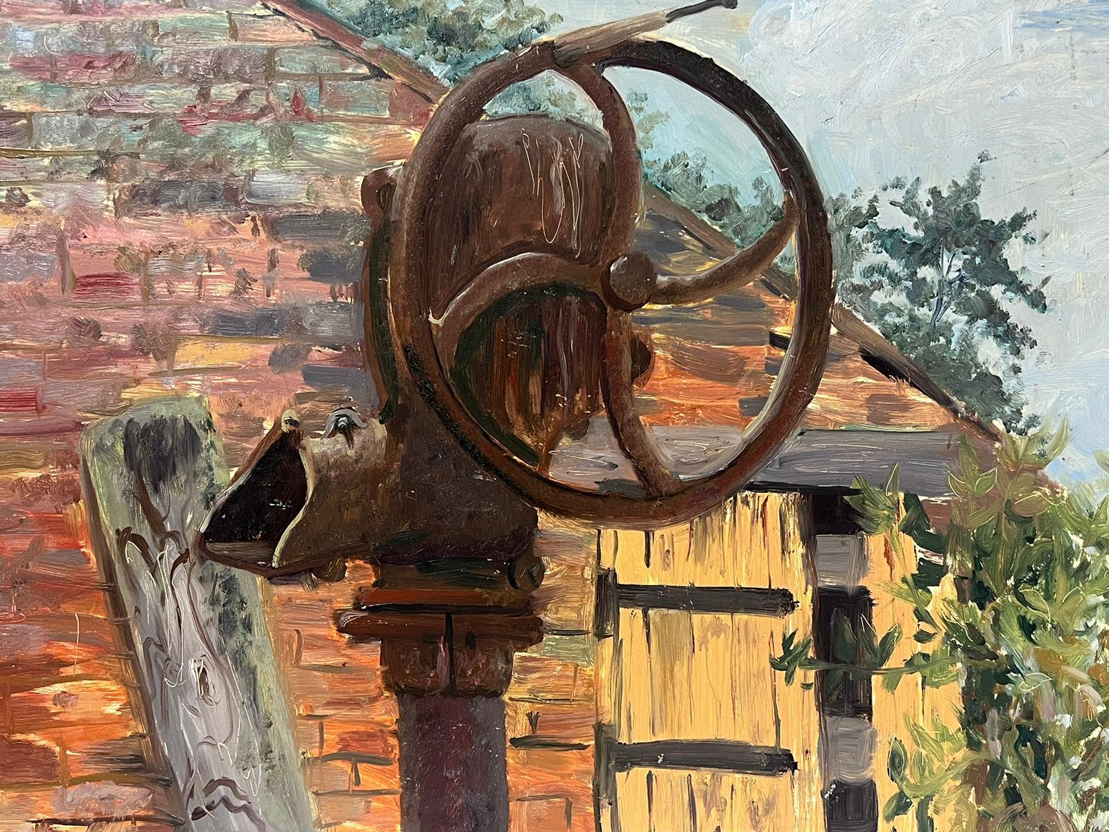 Old Rusty Water Sluice Gates Wheel and Brick Building British 20thC Oil  - Painting by Helen Greenfield